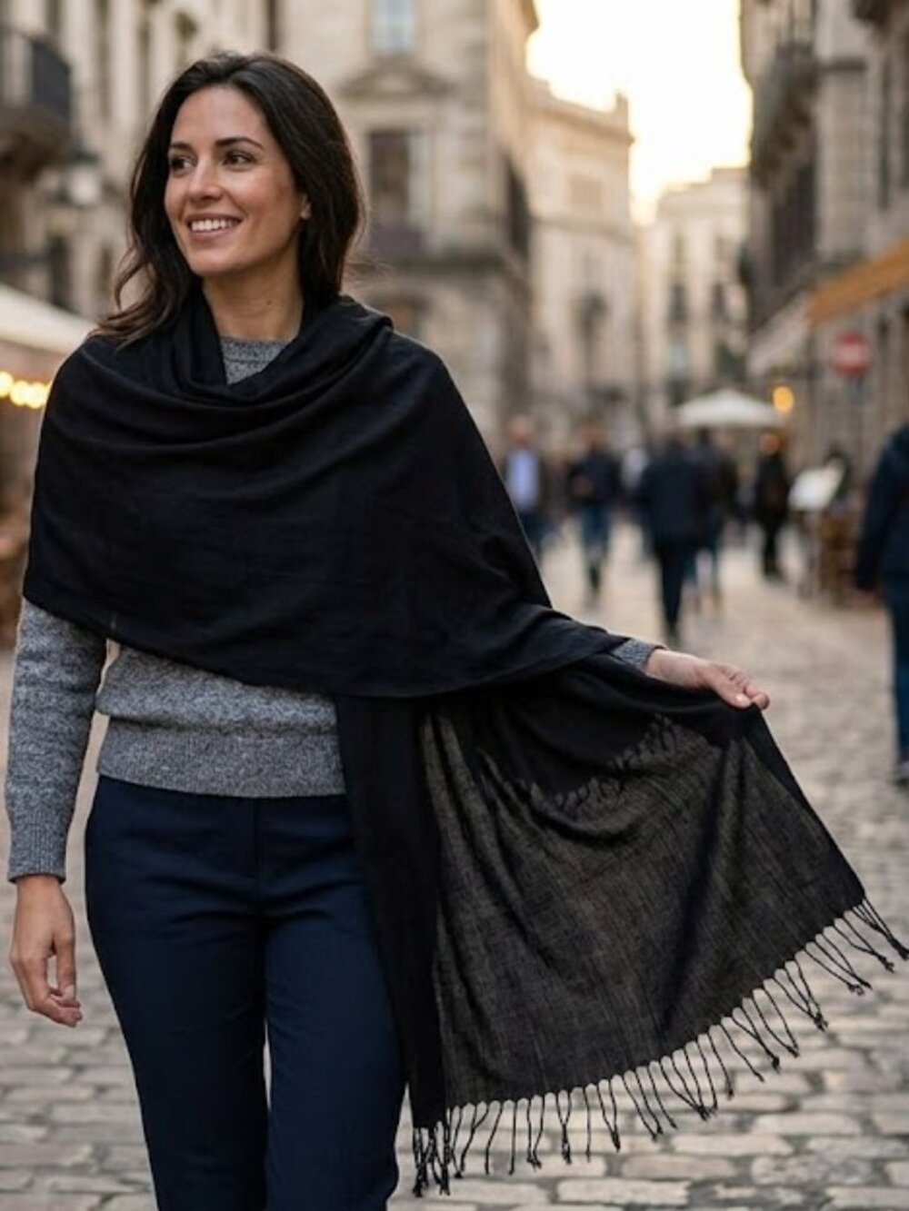 A-Brod 100% Rayon Lightweight Black Fringed Scarf Wrap 29"x85"